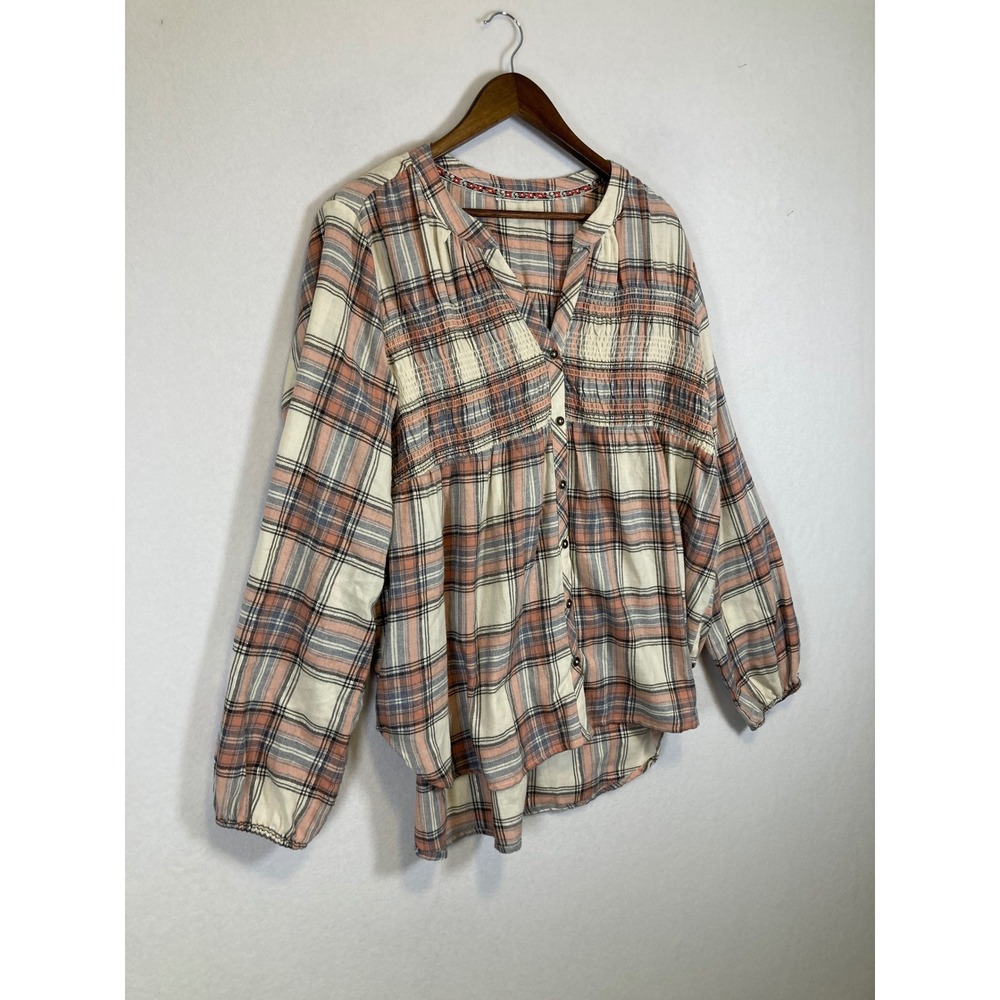 Rustic Cottagecore Universal Thread Women L Pink Plaid Smocked Metallic Blouse - Picture 9 of 9